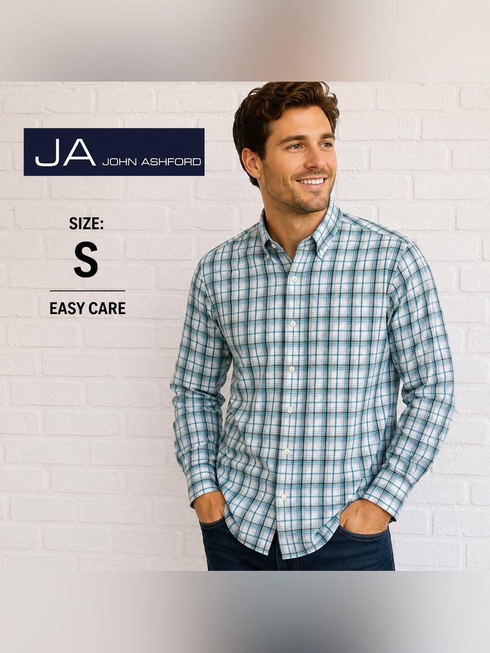 John Ashford Men’s Small Plaid Button Down Shirt Teal Blue Long Sleeve Easy Care
